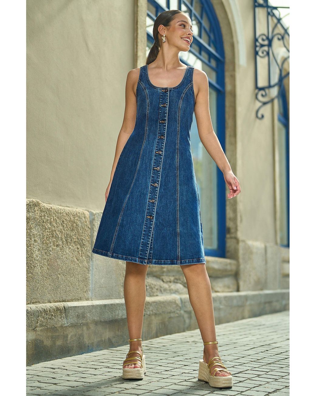 Yumi' Blue Stretch Denim Panel Fitted Dress