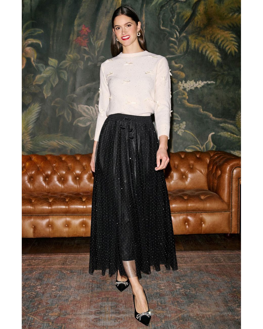 Yumi' Black Diamonte Tulle Midi Skirt