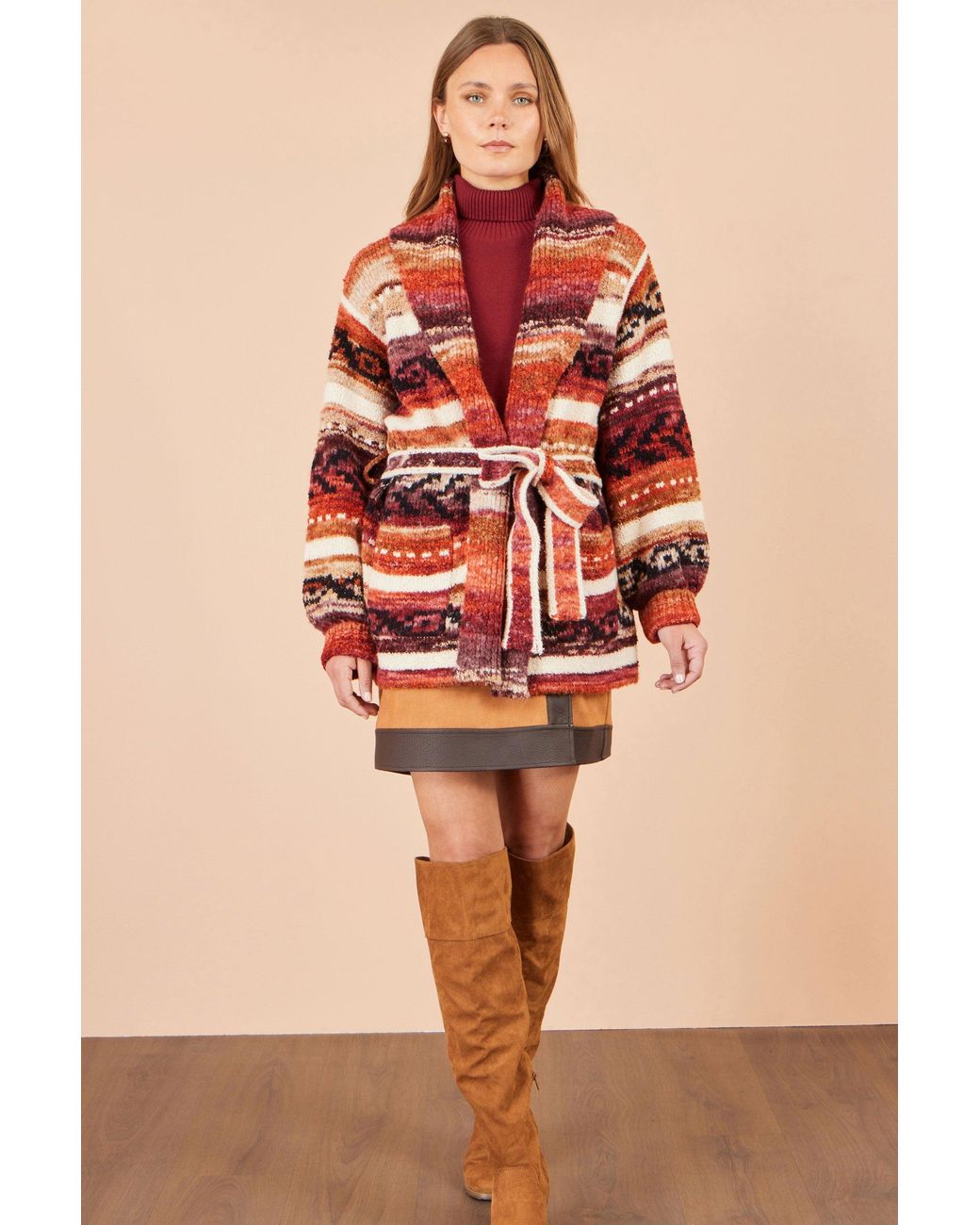 Yumi' Red Stripe Fairisle Soft Wrap Cardigan