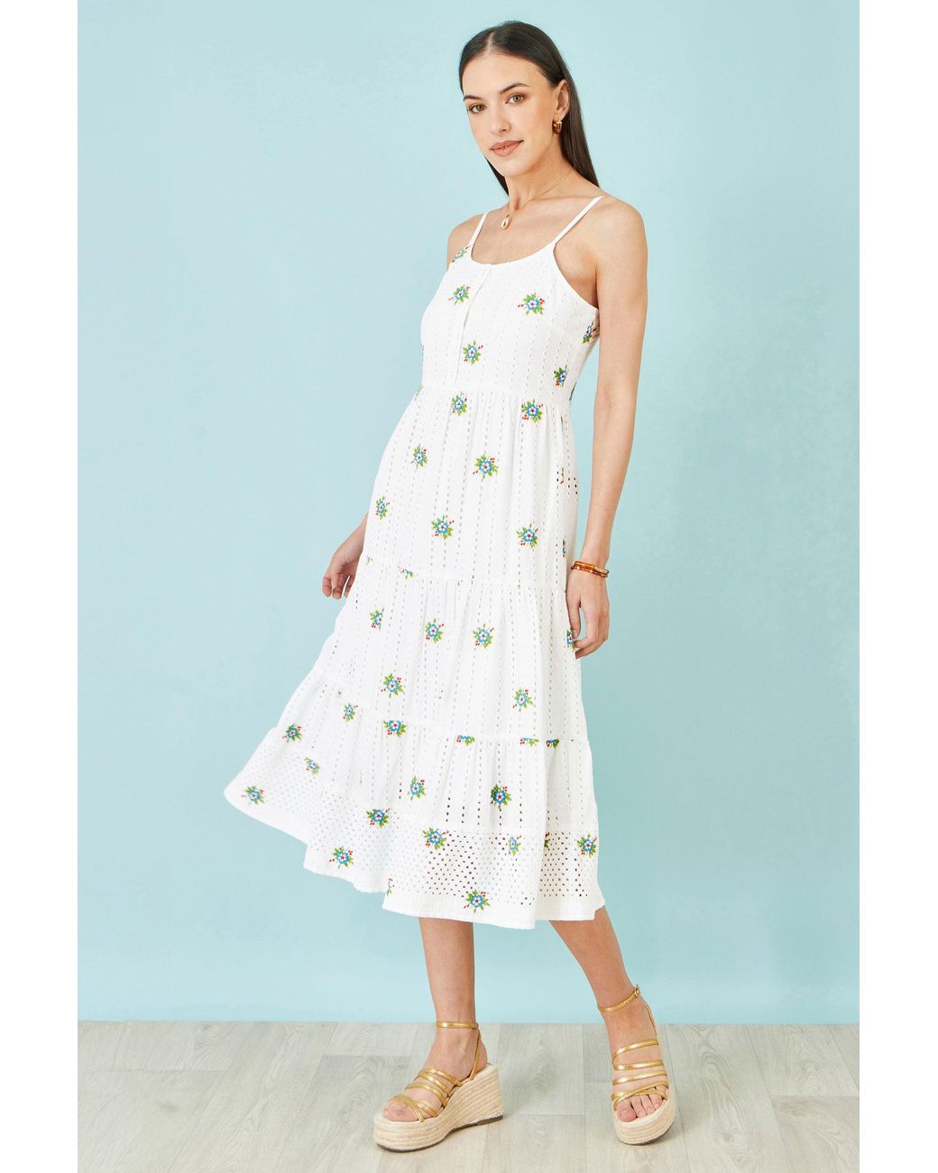 Yumi' Blue Cotton Embroidered Broderie Anglaise Midi Sun Dress