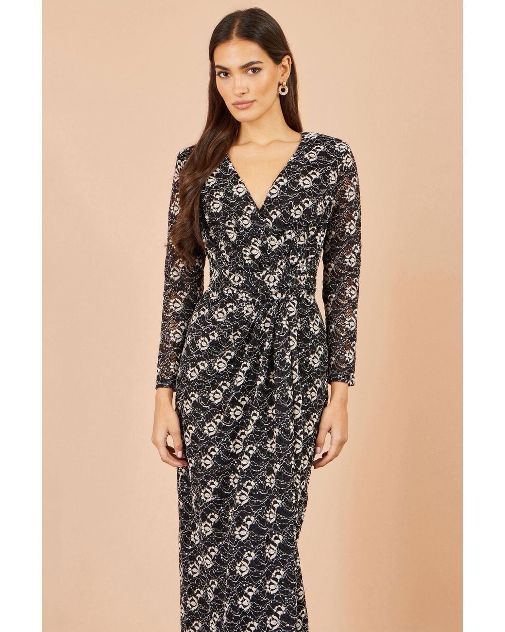 Yumi' Natural Brushed Lace Wrap Dress With Sequin