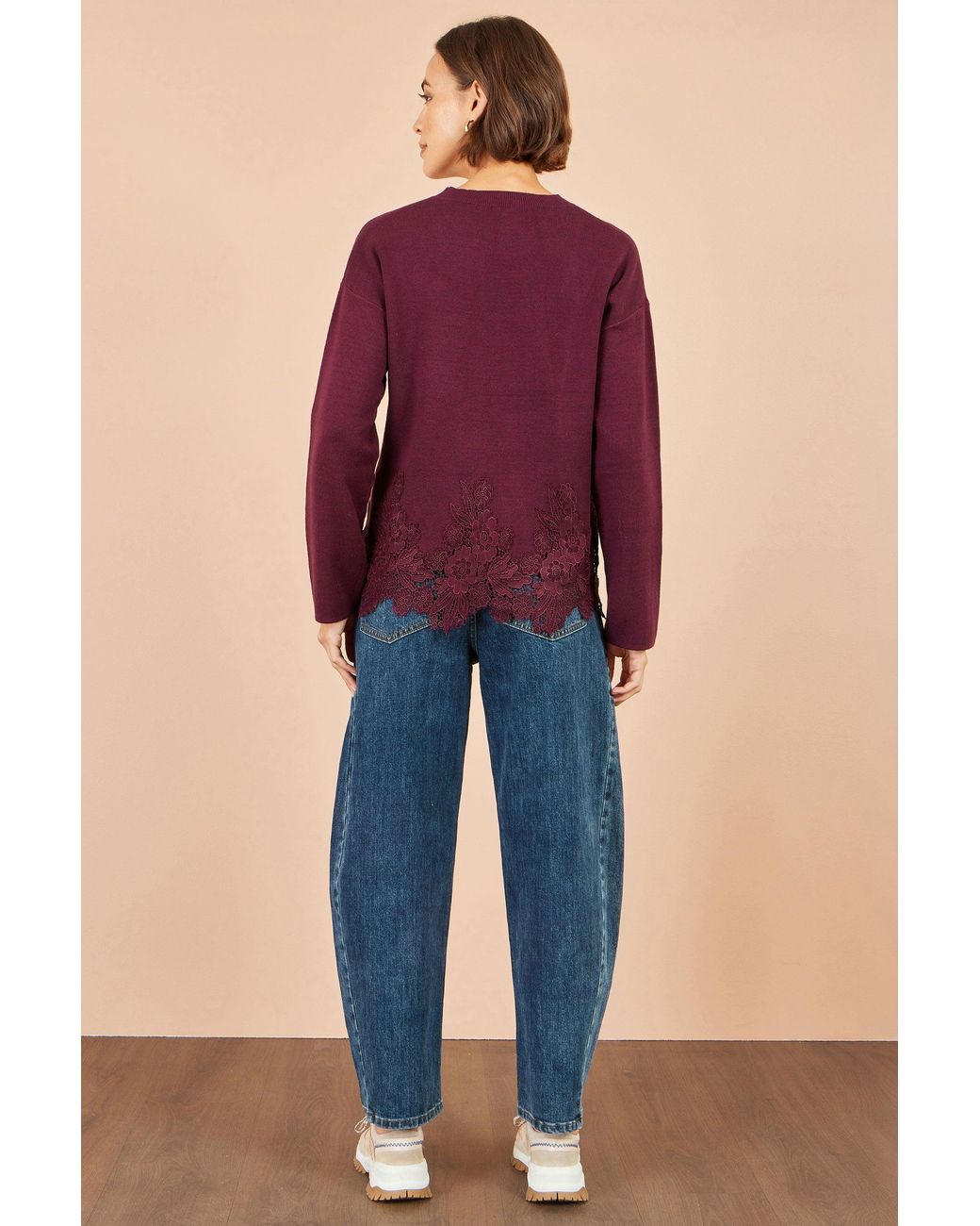 Yumi' Purple Viscose Relaxed Jumper With Lace Trim