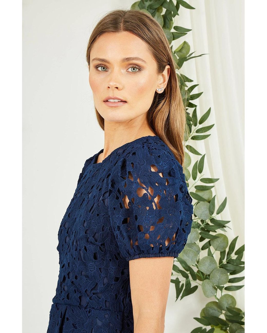 blue lace skater dress V-Neck Navy Blue Lace Long Party Dress with Sash – FancyVestido