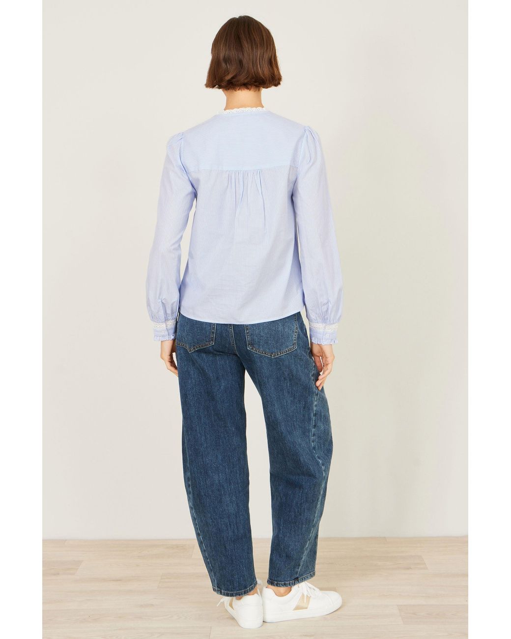 Yumi' Gray Stripe Shirt With Lace Detail