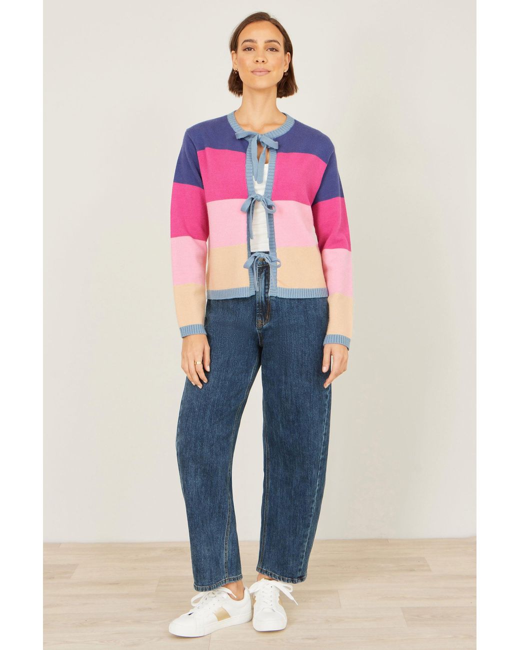 Yumi' Pink Multicolour Block Stripe Tie Front Cardigan