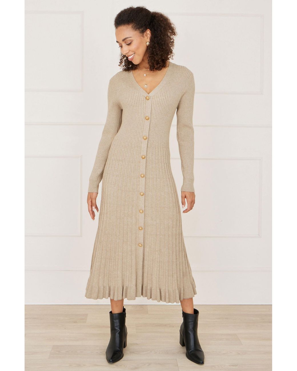 Yumi' Natural Viscose Knitted Midi Ribbed Dress