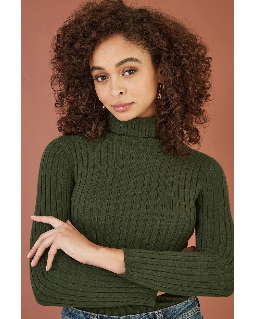 Yumi' Green Ribbed Knit Roll Neck Jumper