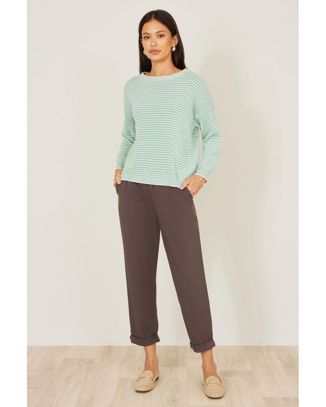 Yumi' Green Knitted Stripe Relaxed Jumper