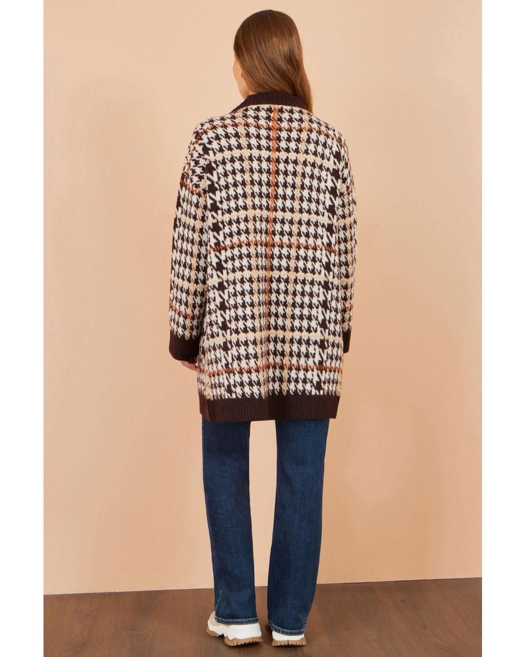Yumi' Brown Knitted Check Long Cardigan