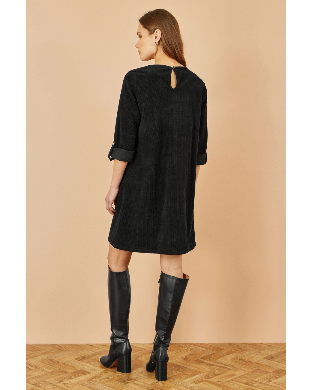 Yumi' Black Cord Tunic Dress With 3/4 Sleeves And Pockets