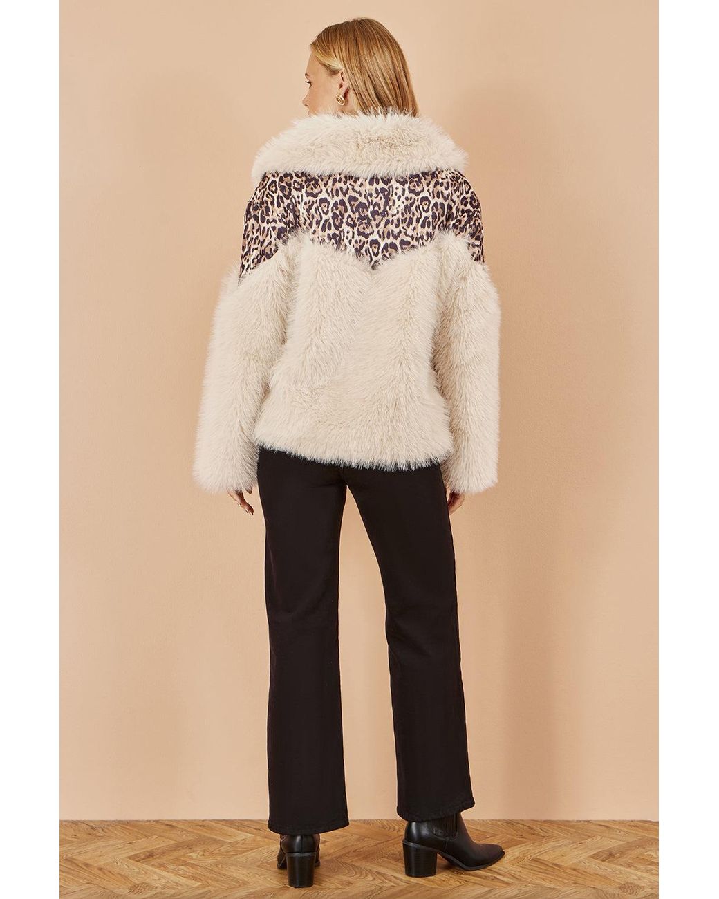 Yumi' Natural Cream Fur Biker Jacket With Leopard Print