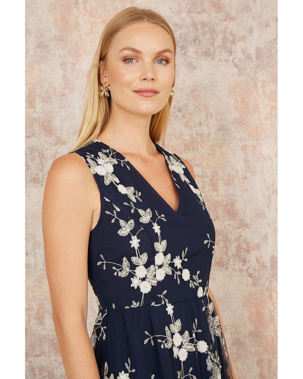 Yumi' Blue Mesh Embroidered Maxi Dress