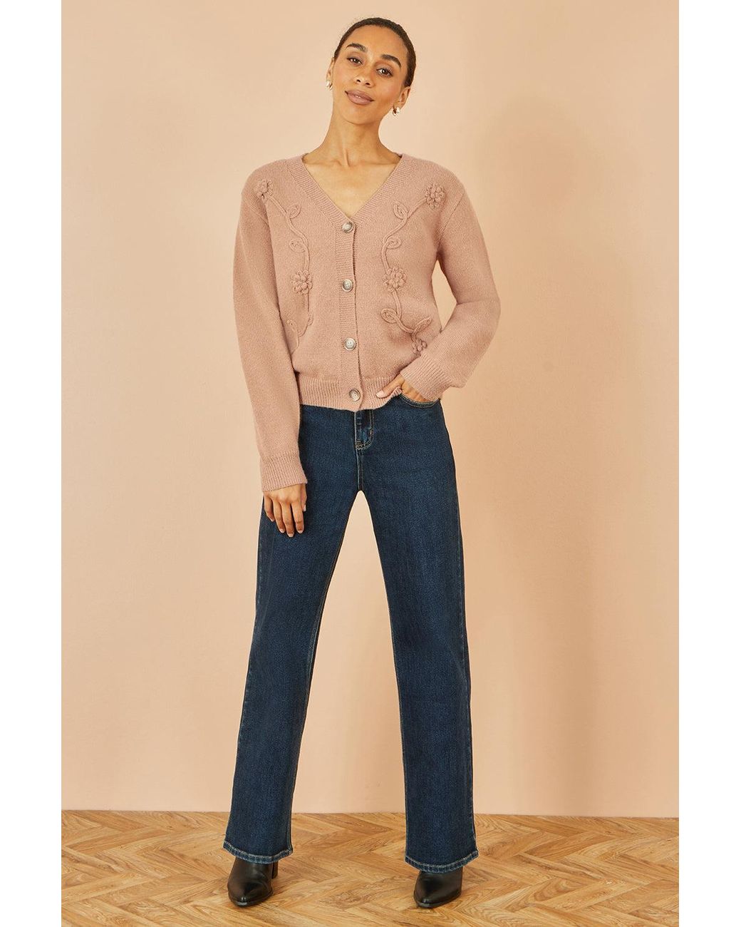 Yumi' Blue Floral Embroidered Relaxed Fit Cardigan