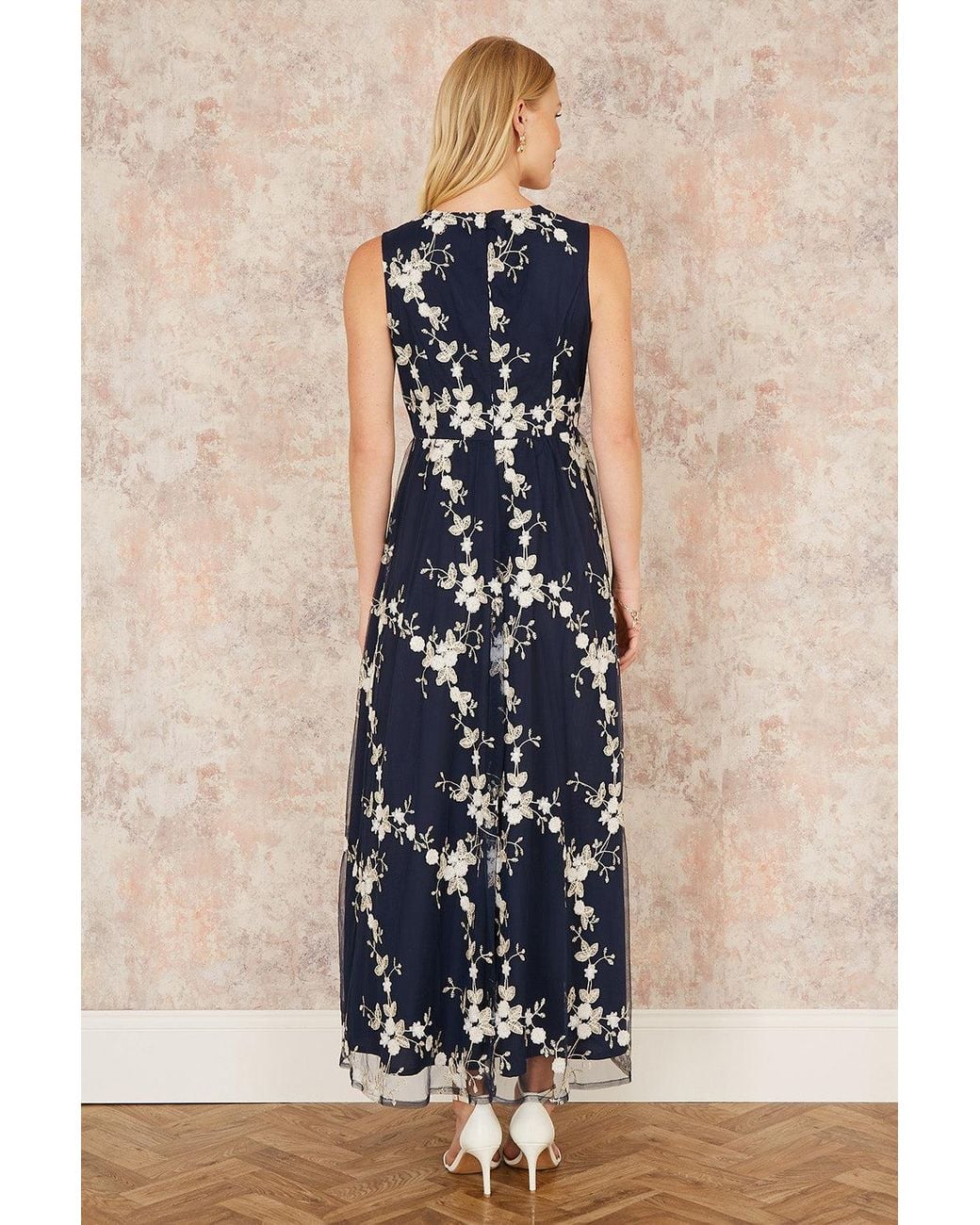 Yumi' Blue Mesh Embroidered Maxi Dress
