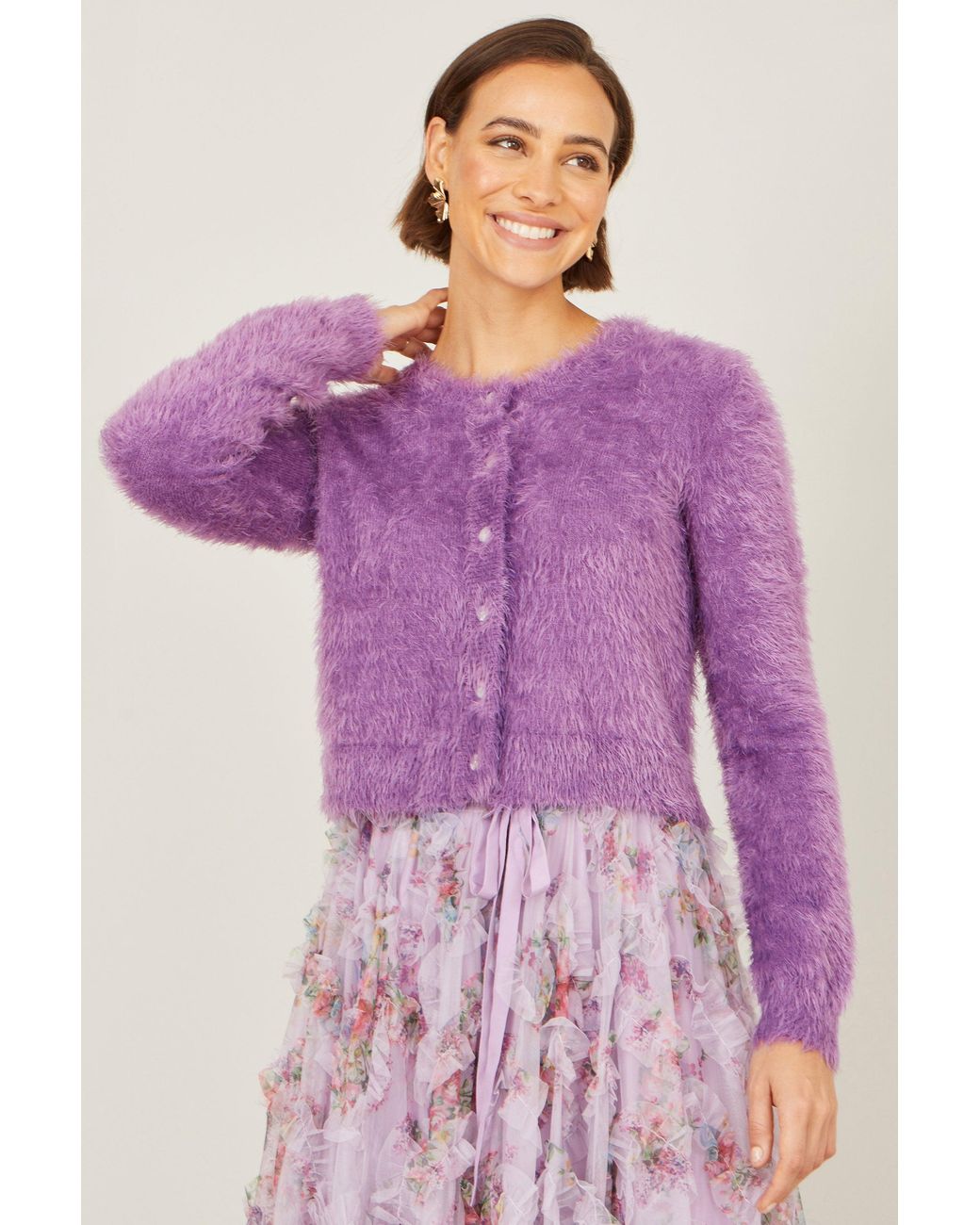 Yumi' Purple Eyelash Knit Cropped Cardigan