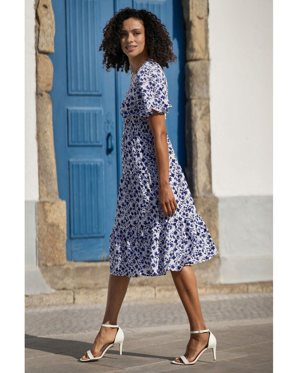 Yumi' Blue Floral Ruched Waist Midi Dress With Angel Sleeves
