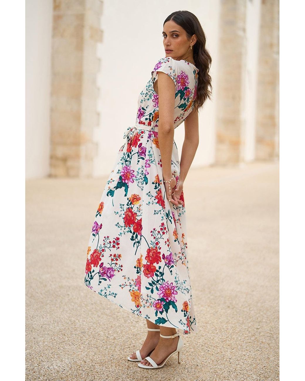 Yumi' Pink Flower Print Wrap Midi Dress