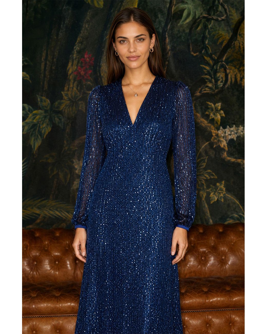 Yumi' Blue Sequin Long Sleeve Midi Dress