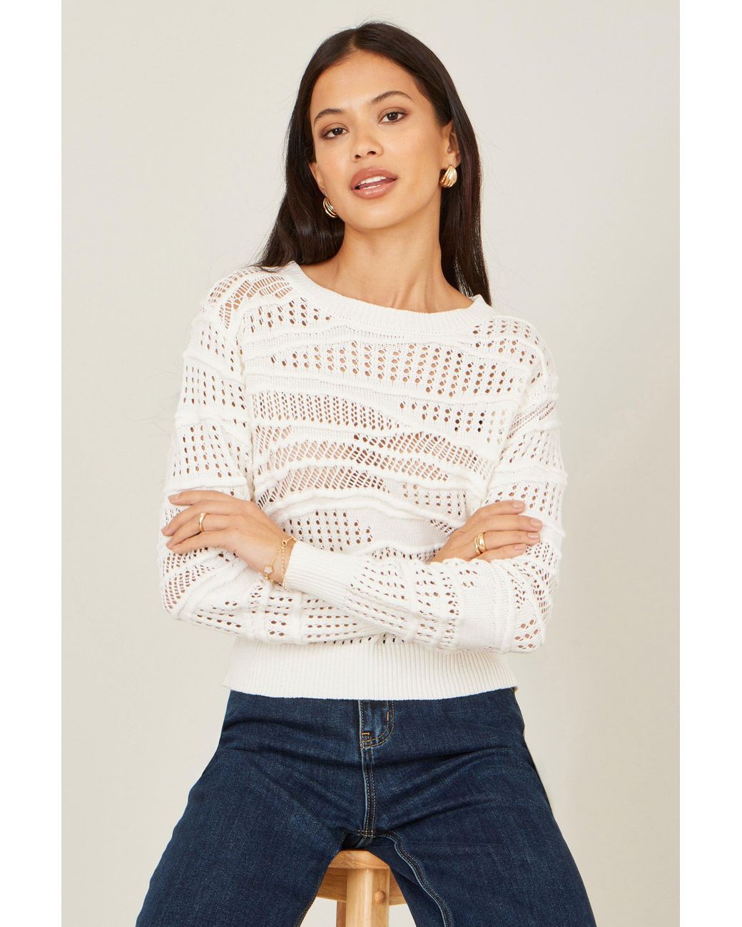 Yumi' White Wave Pointelle Knitted Jumper