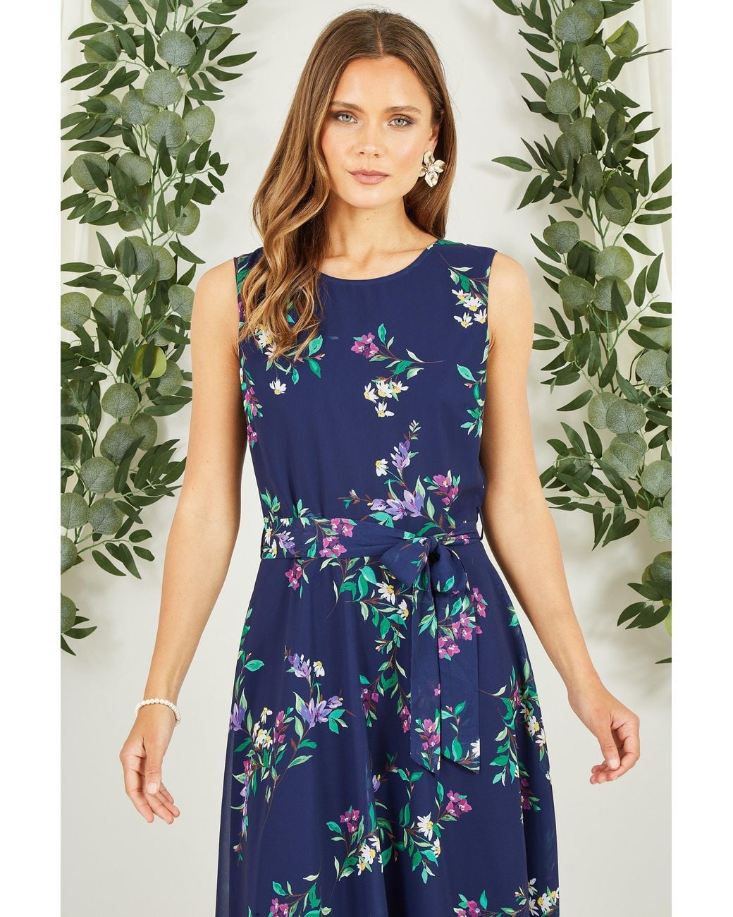 Yumi' Blue Floral Print Midi Skater Dress