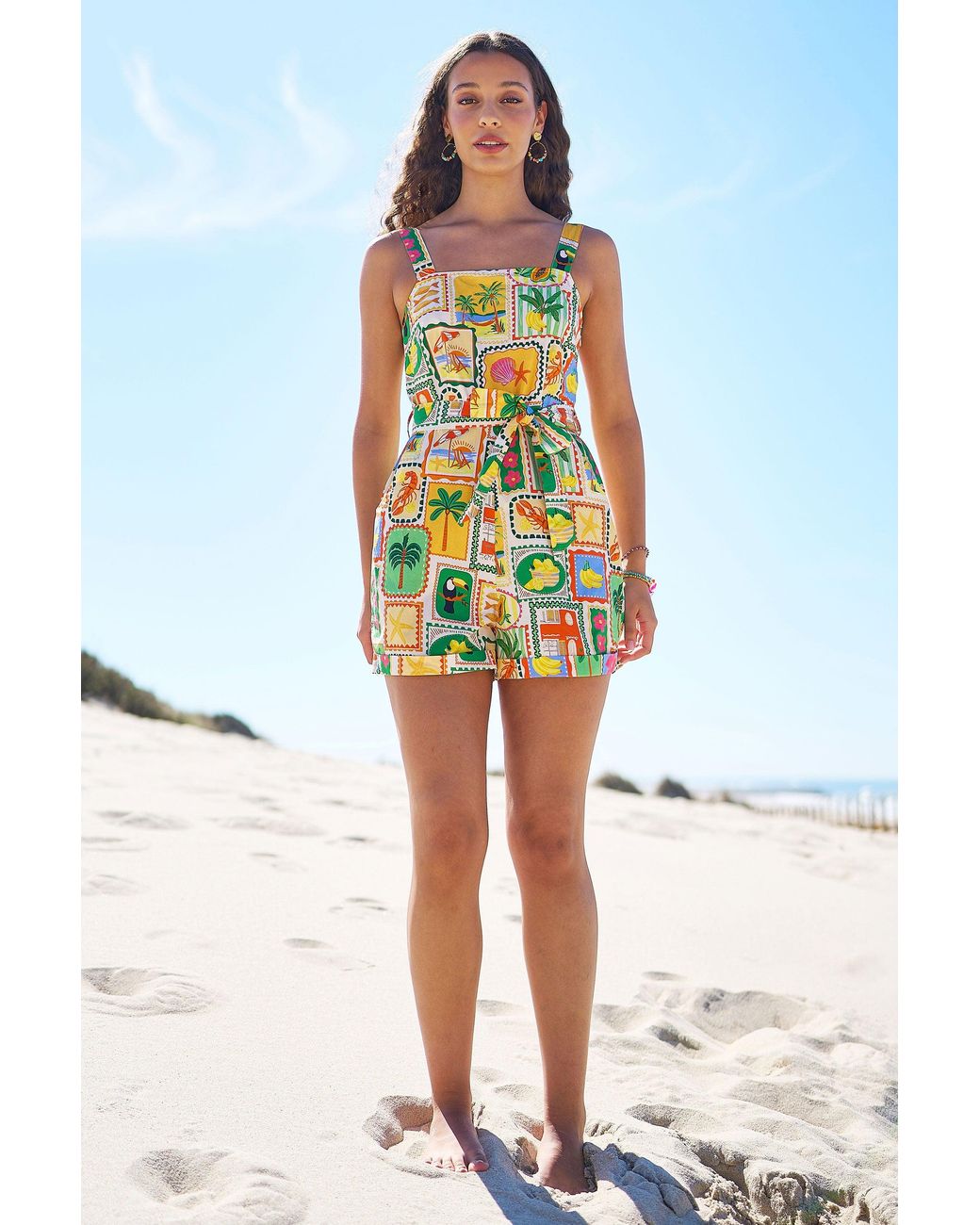 Yumi' Multicolor Multicolour Cotton Postcard Print Playsuit
