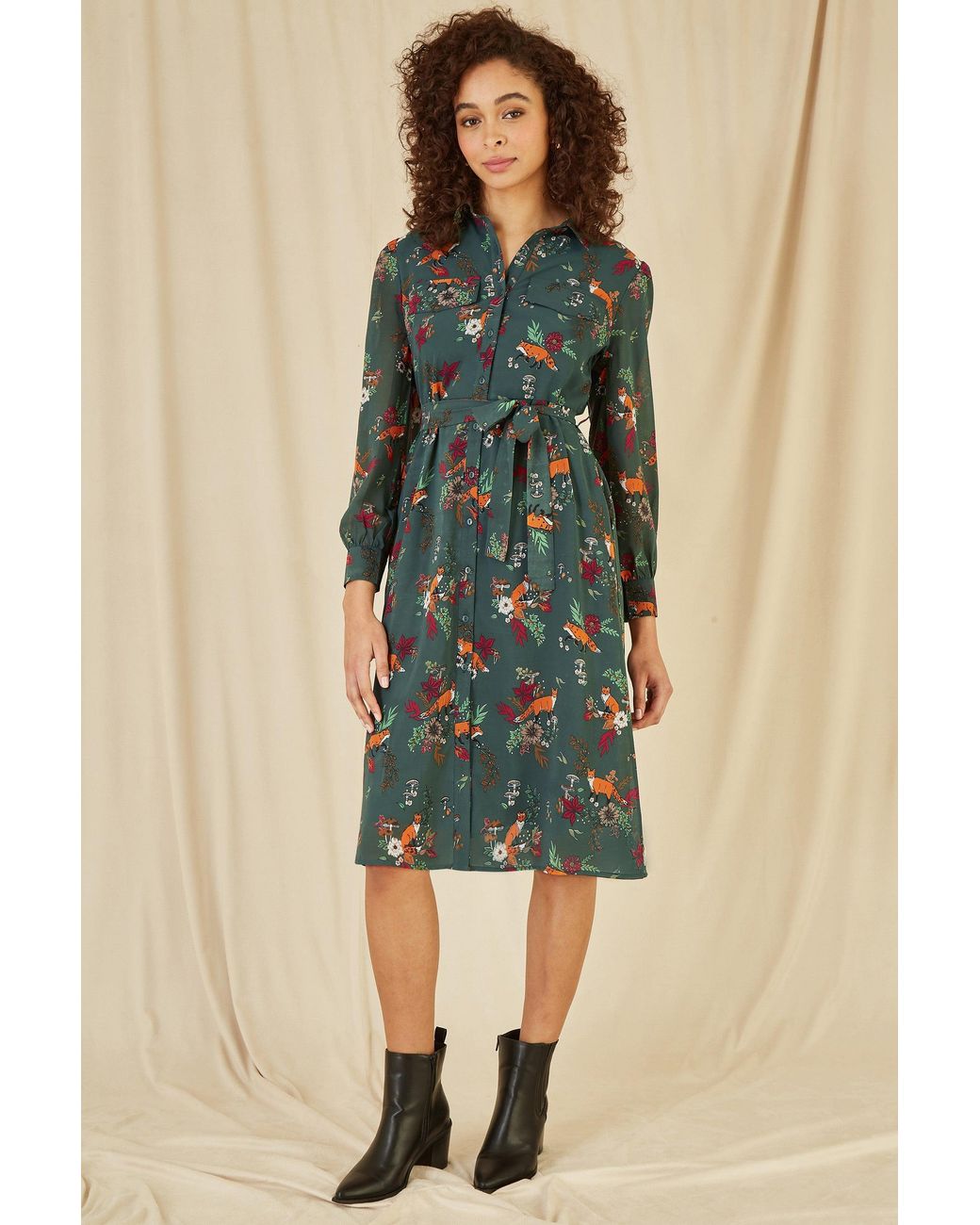 Yumi' Blue Recycled Fox Print Shirt Midi Dress