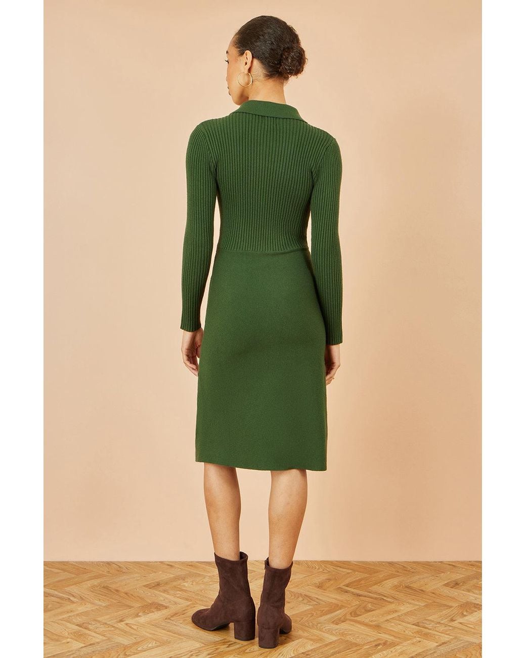 Yumi' Green Rib Knit Midi Shirt Dress With Snaffle Belt