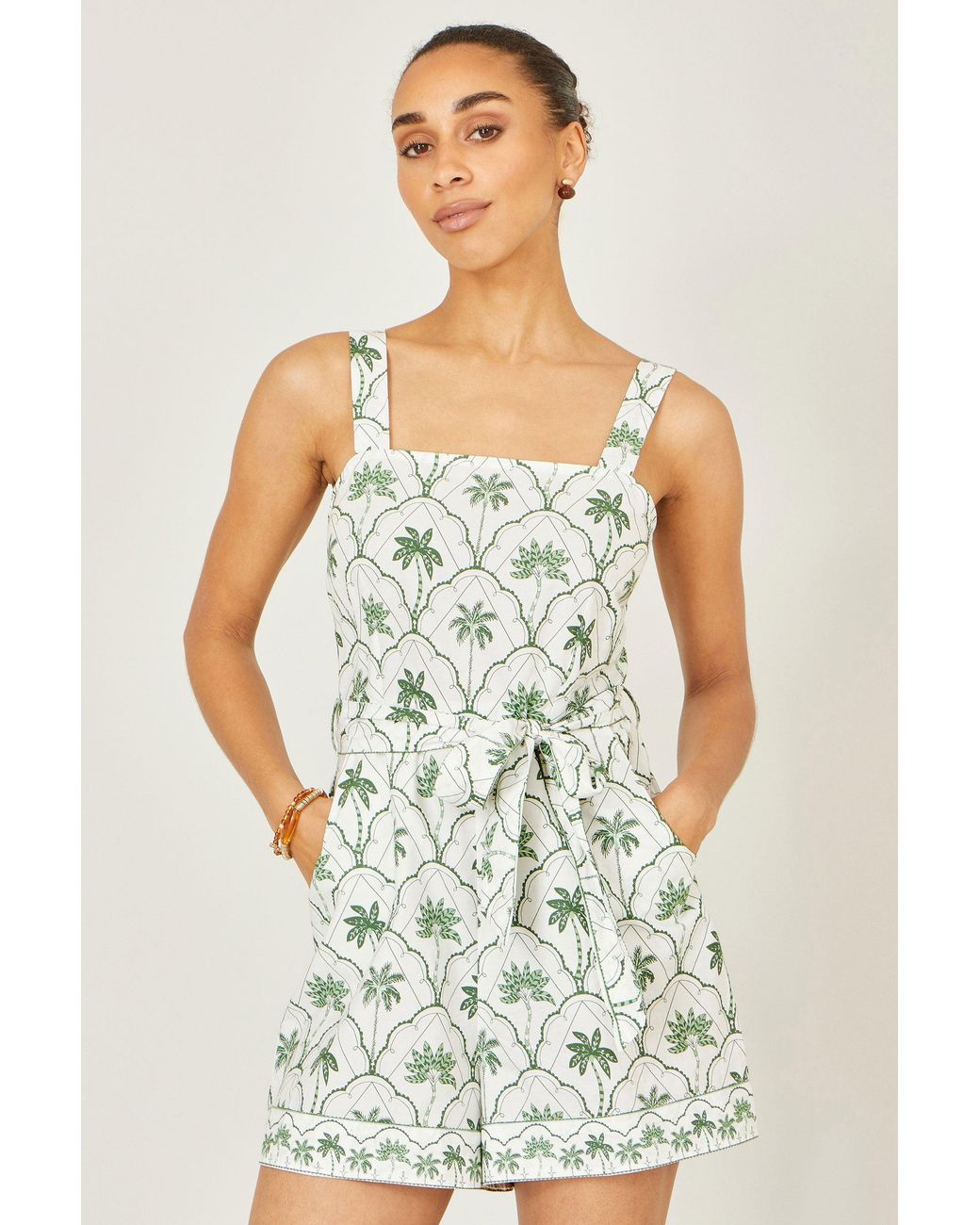 Yumi' White Palm Print Cotton Playsuit