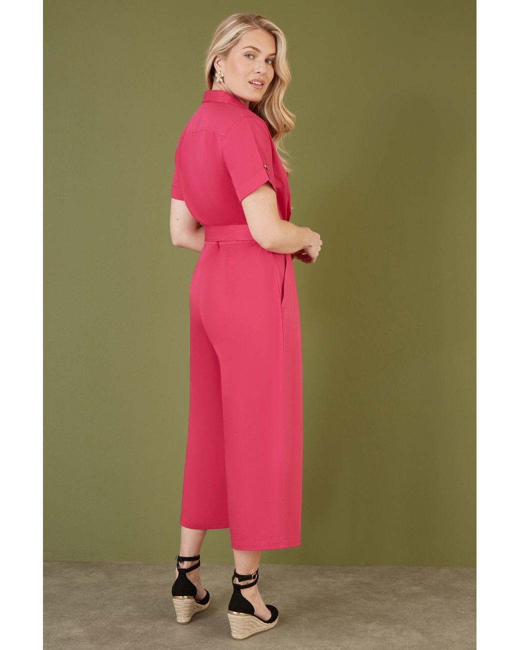Yumi' Pink Viscose Twill Button Up Utility Style Jumpsuit