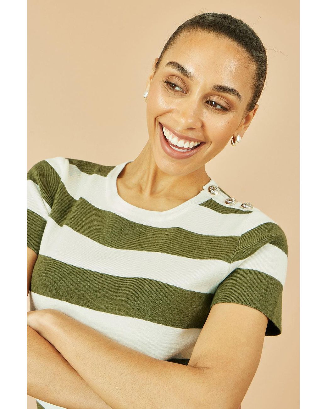 Yumi' Green Block Stripe Knitted Top With Button Details