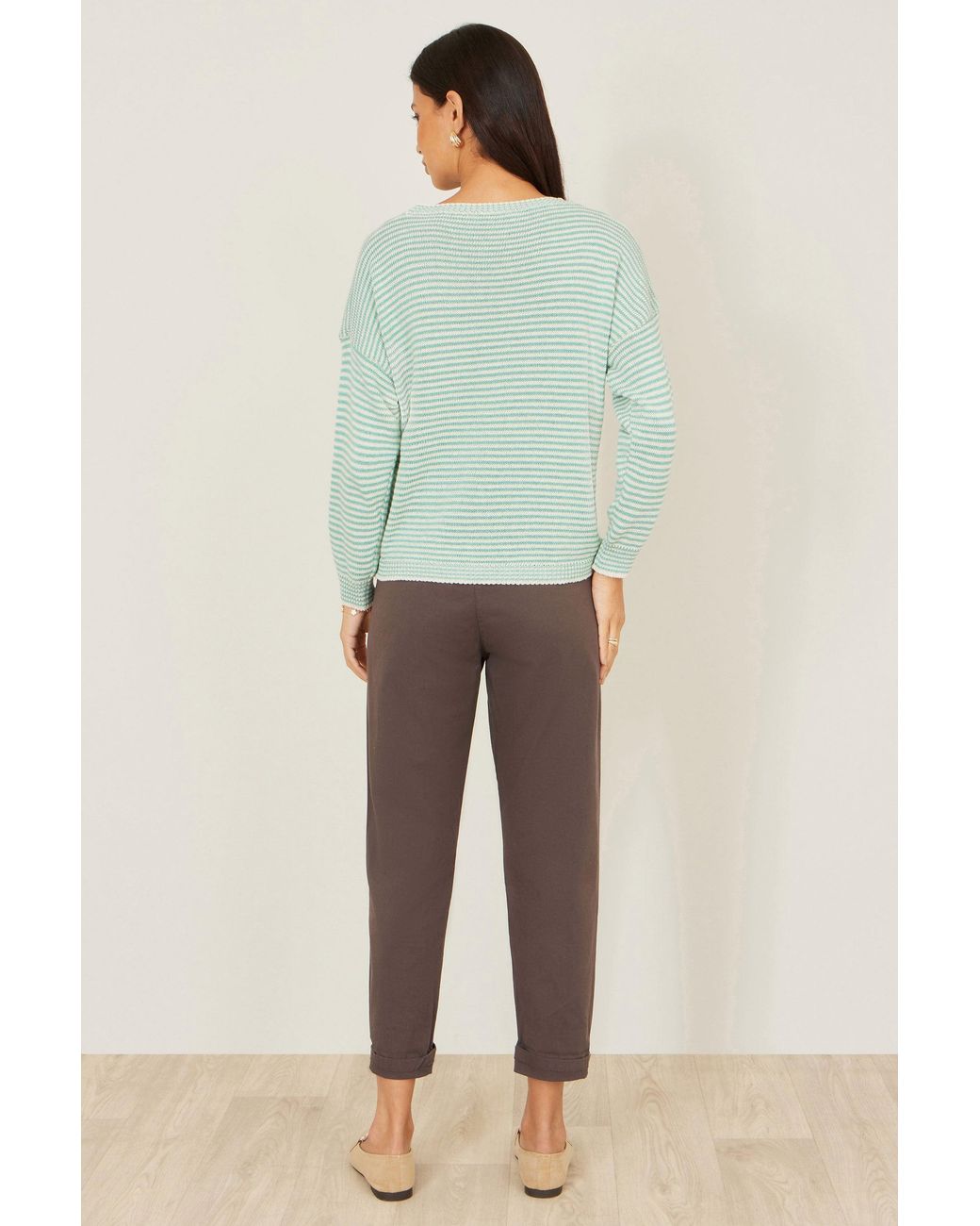 Yumi' Green Knitted Stripe Relaxed Jumper