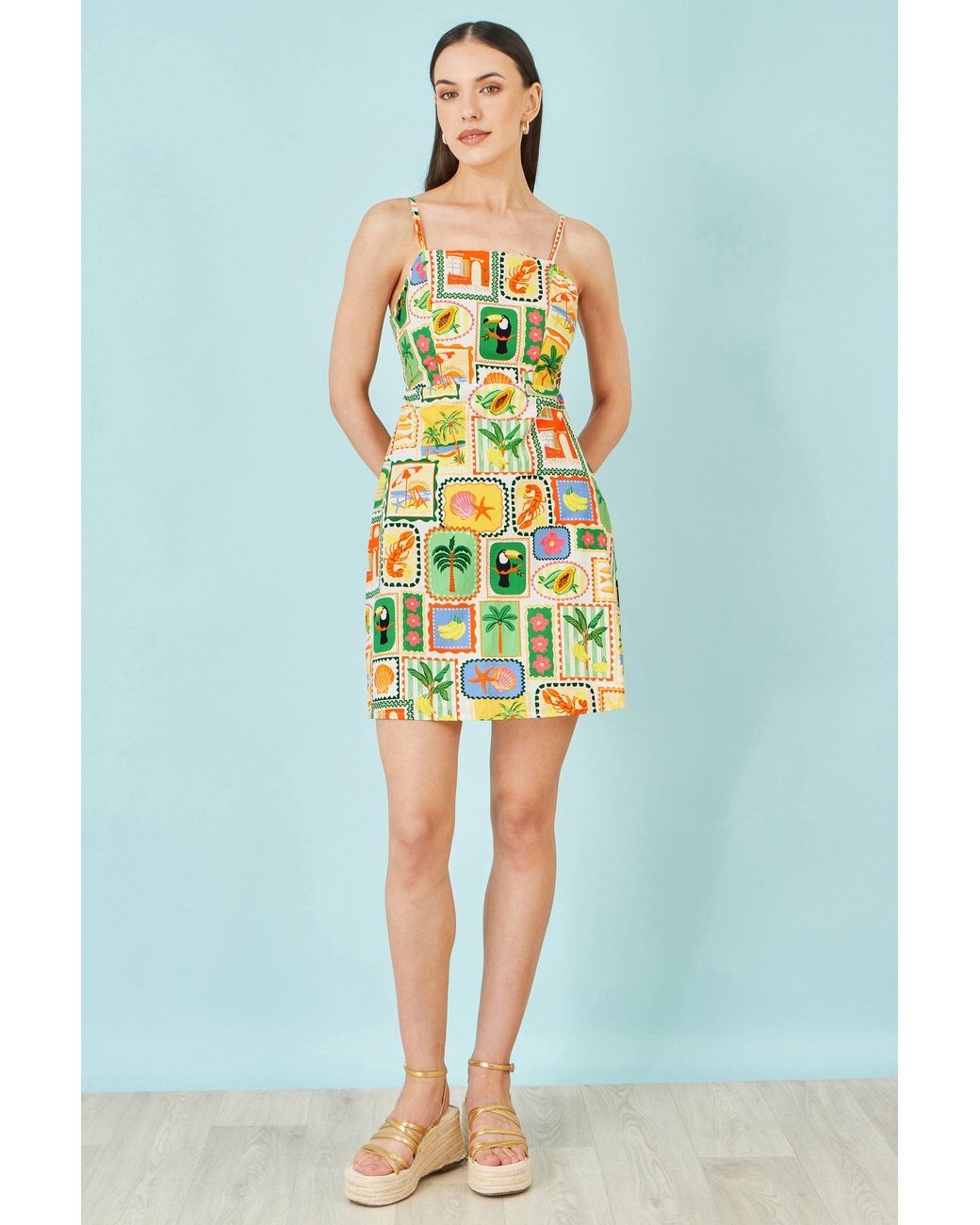 Yumi' Green Multicolour Postcard Print Mini Sun Dress