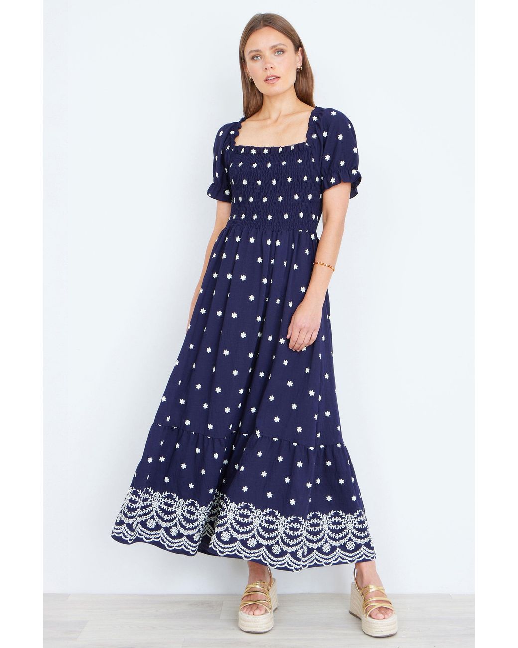 Yumi' Blue Border Hemline Smocked Maxi Dress