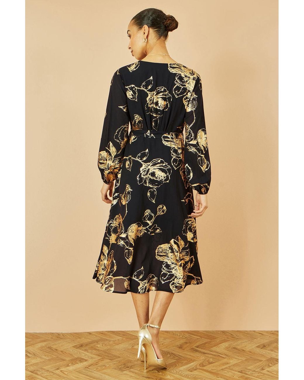 Yumi' Black Foil Rose Print Midi Dress