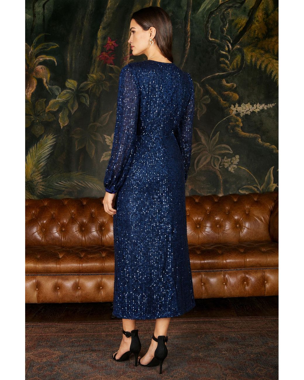 Yumi' Blue Sequin Long Sleeve Midi Dress