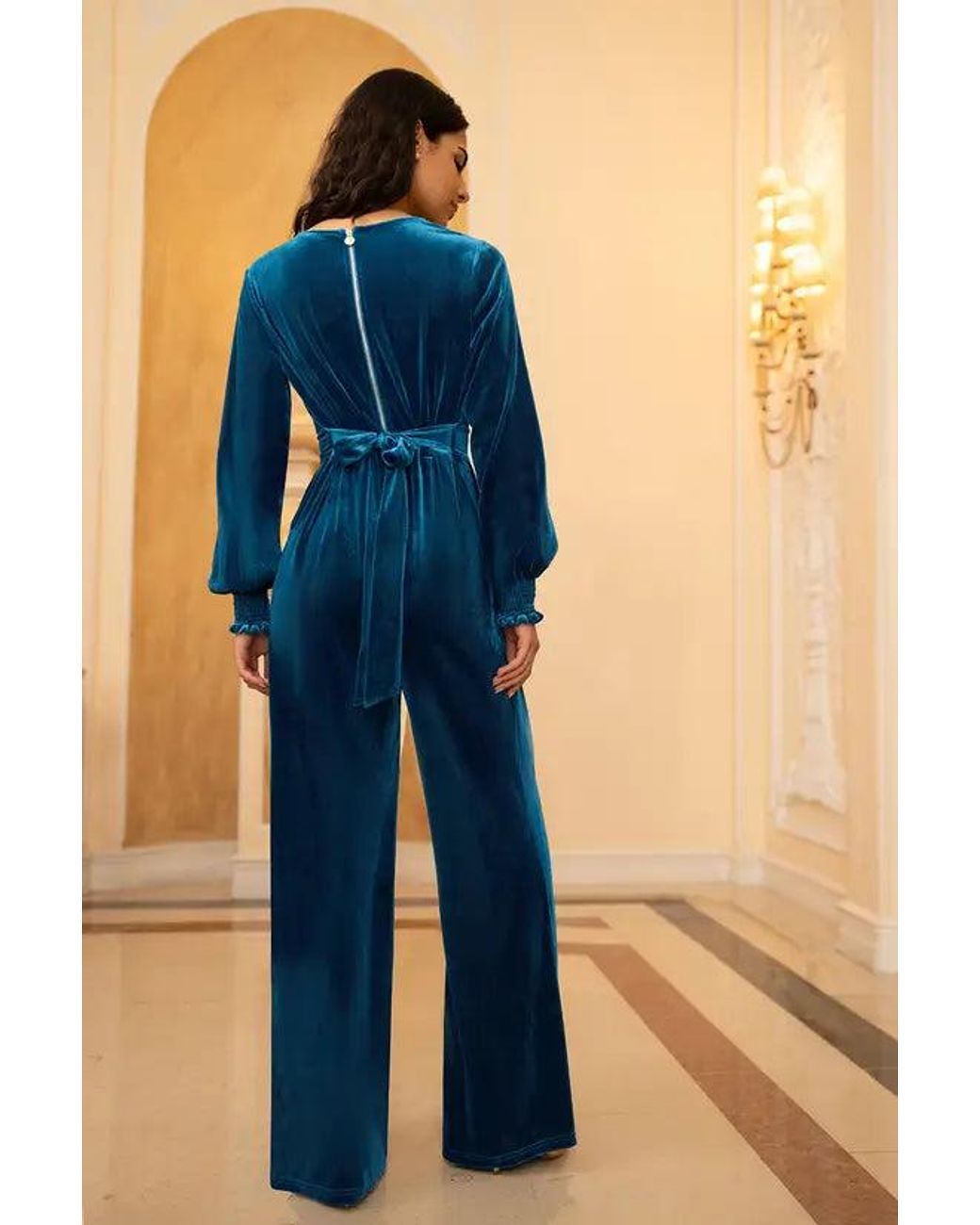 Yumi' Blue Velvet Long Sleeve Jumpsuit