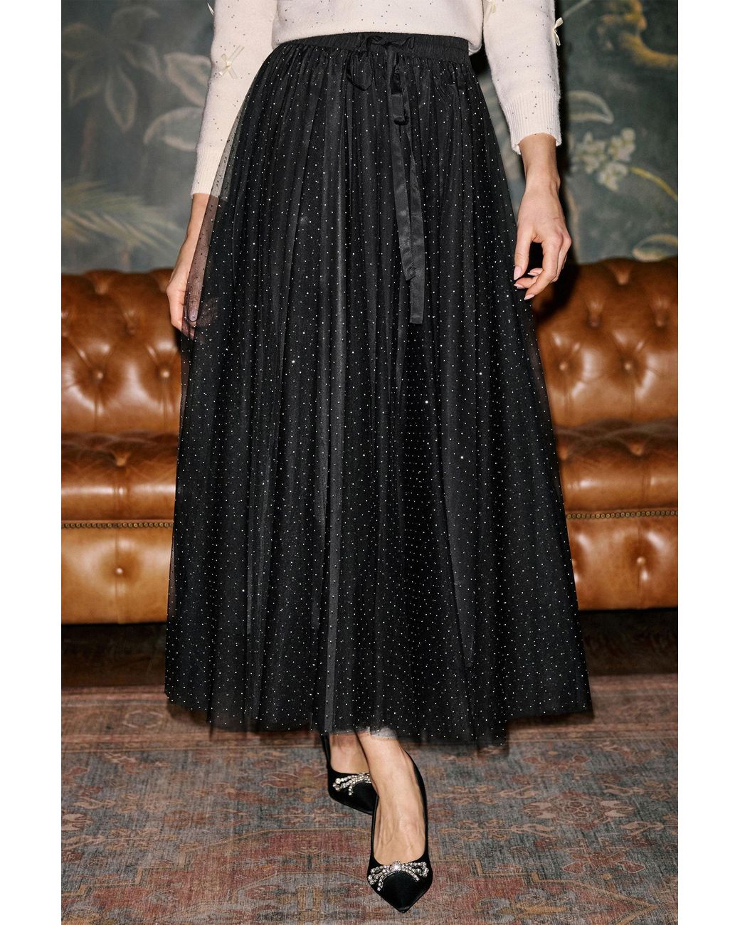 Yumi' Black Diamonte Tulle Midi Skirt