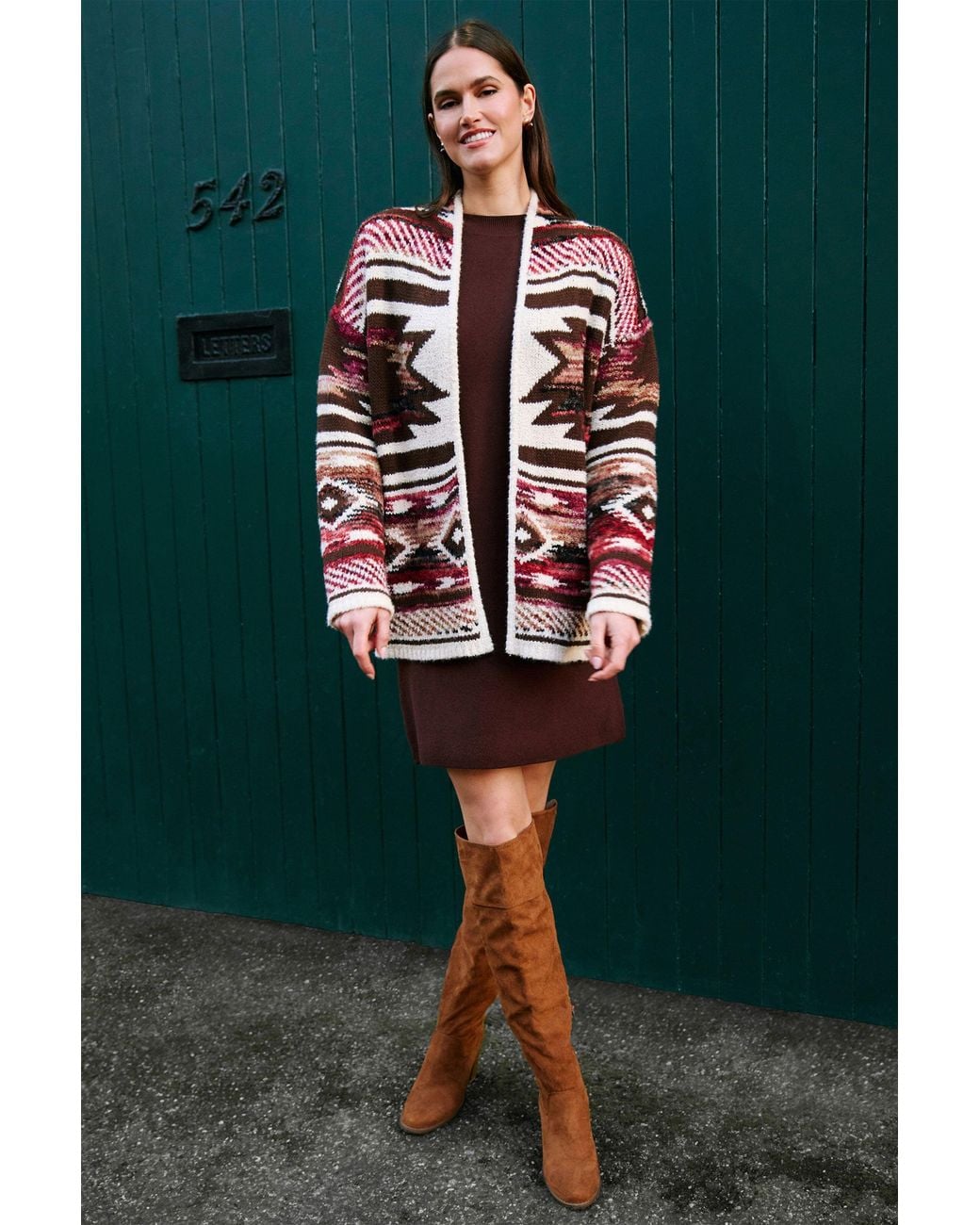 Yumi' Black Multicolour Aztec Boucle Open Cardigan