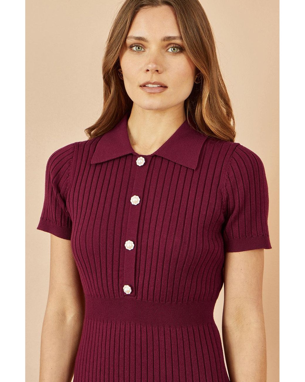 Yumi' Red Fitted Rib Knitted Midi Dress With Daisy Buttons