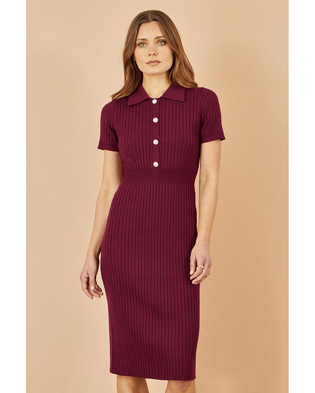 Yumi' Red Fitted Rib Knitted Midi Dress With Daisy Buttons