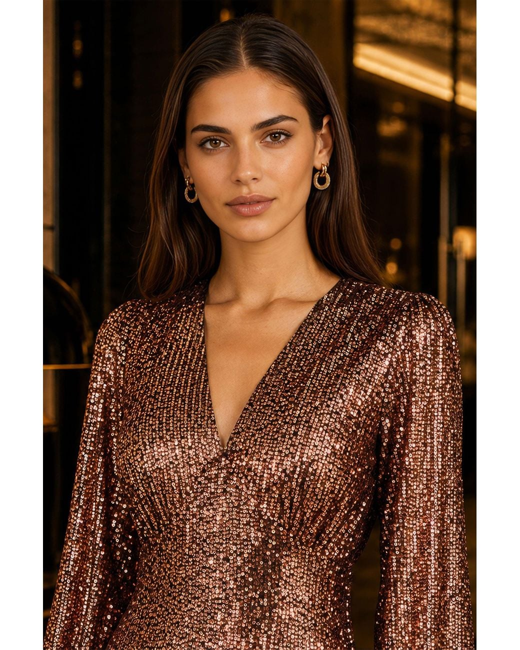 Yumi' Brown Sequin Long Sleeve Midi Dress
