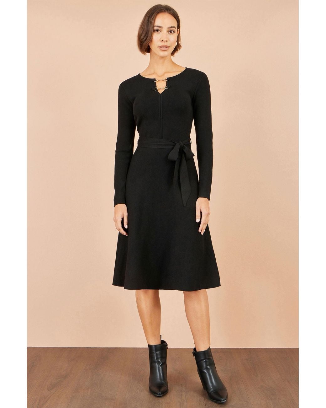 Yumi' Black Knitted Skater Dress With Buckle Detail