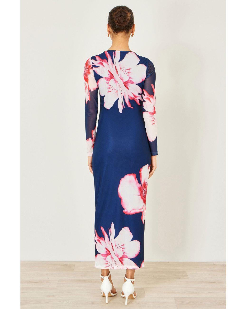 Yumi' Blue Floral Placement Floral Long Sleeve Mesh Maxi Dress