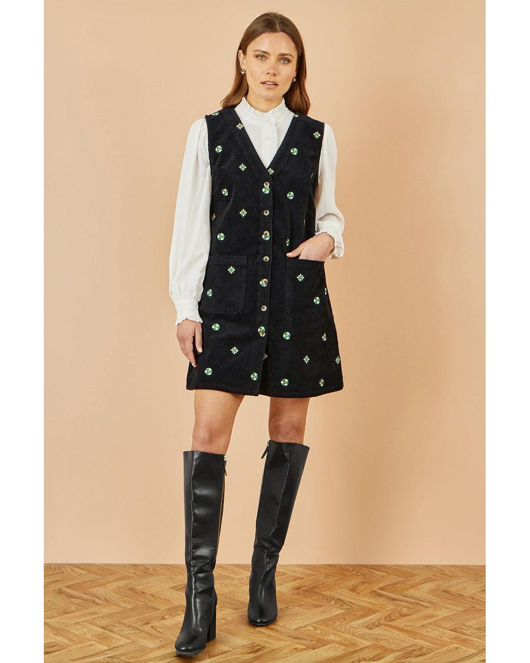 Yumi' Black Flower Embroidered Button Up Pinafore Dress