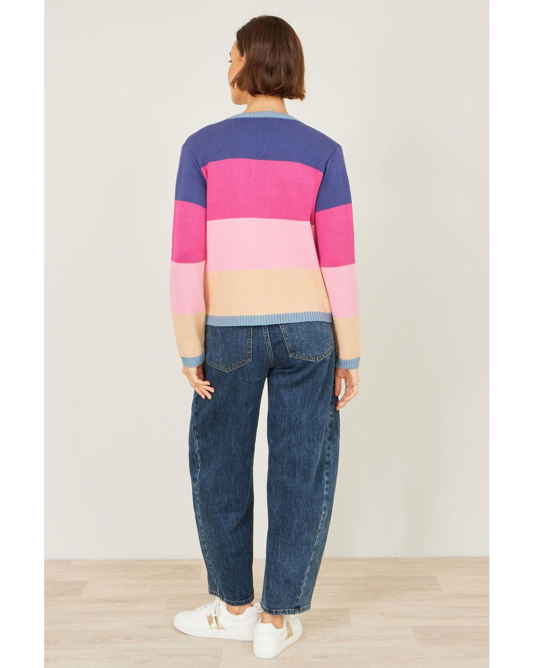 Yumi' Pink Multicolour Block Stripe Tie Front Cardigan