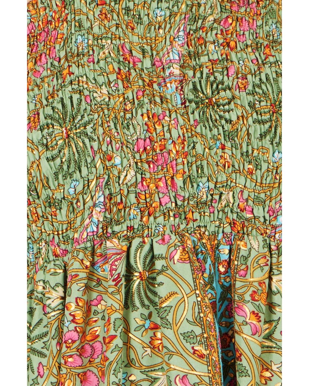 Yumi' Green Foil Palm Print Ruched Maxi Dress With Border Detail