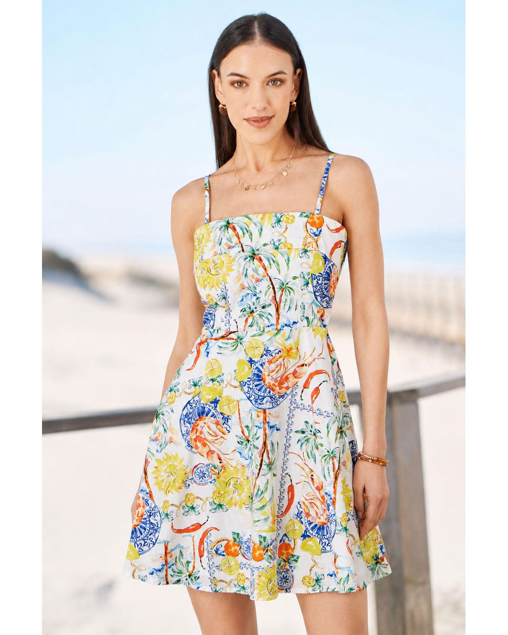 Yumi' Multicolor Mediterranean Print Cotton Mini Sun Dress