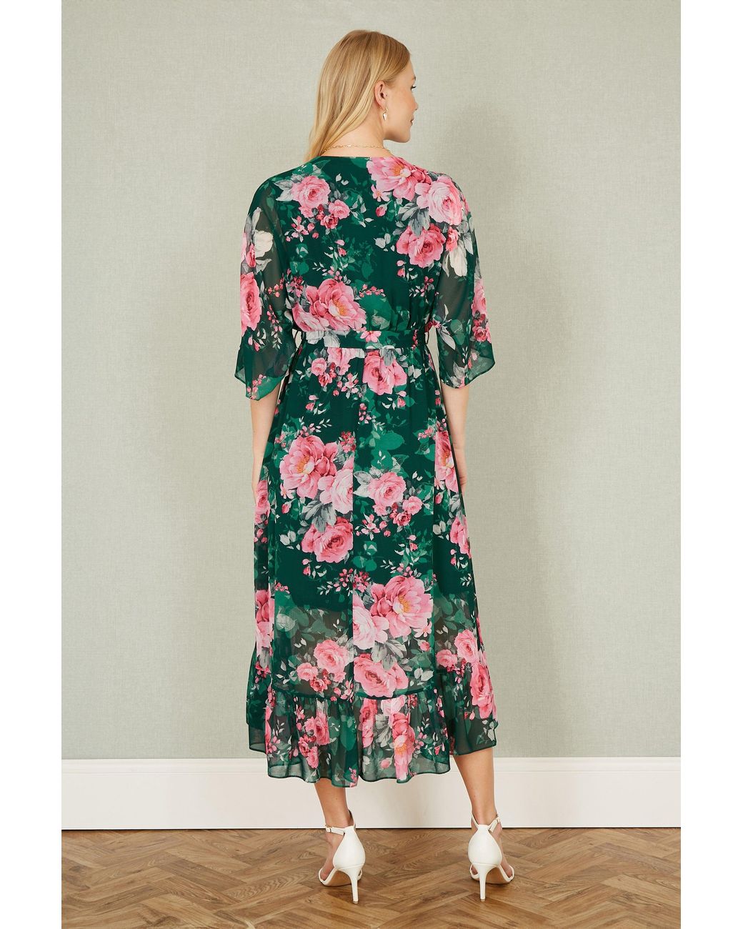 Yumi' Green Dark Kimono Sleeves Midi Dip Hem Wrap Midi Dress