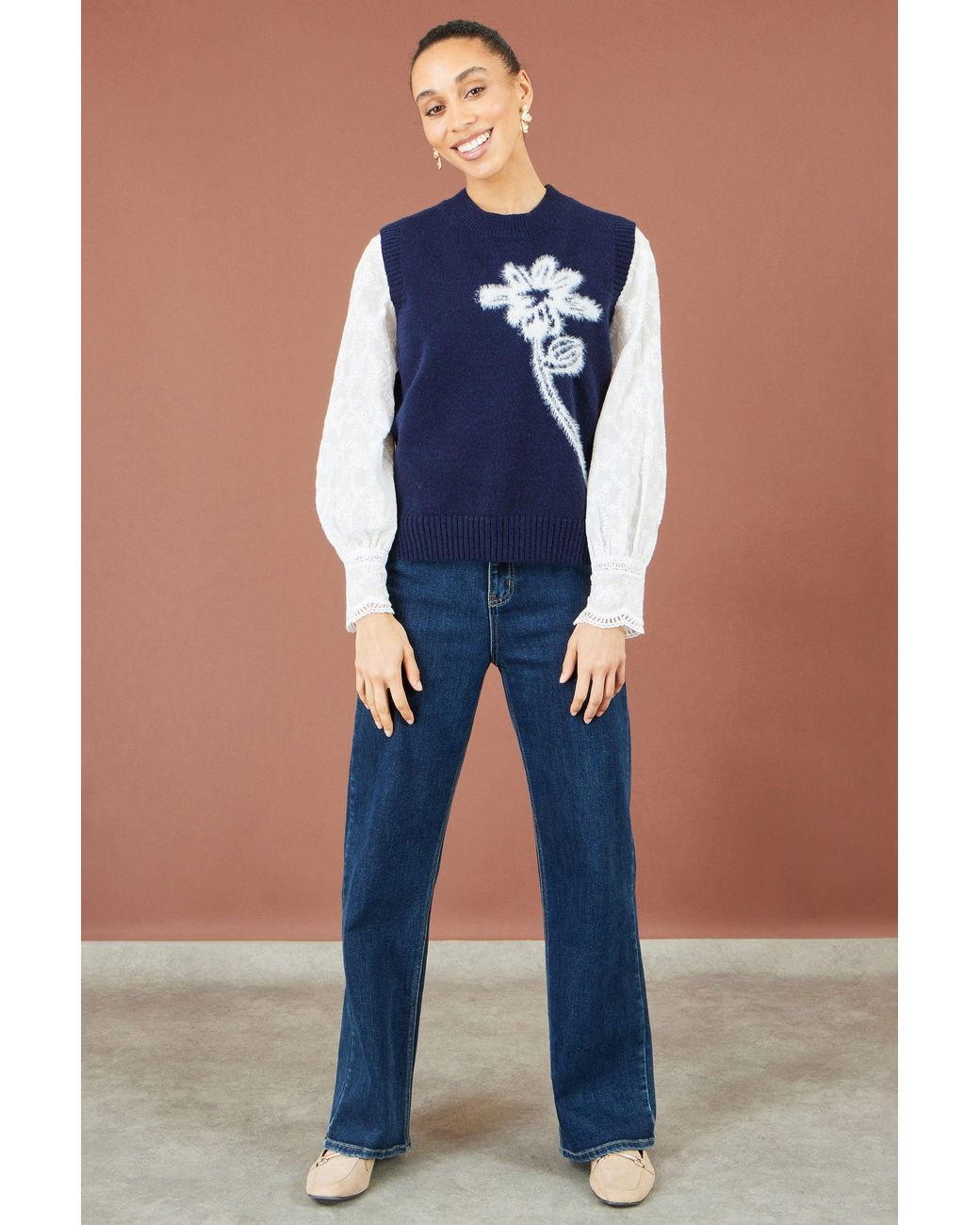 Yumi' Blue Knitted Flower Sleeveless Jumper Vest