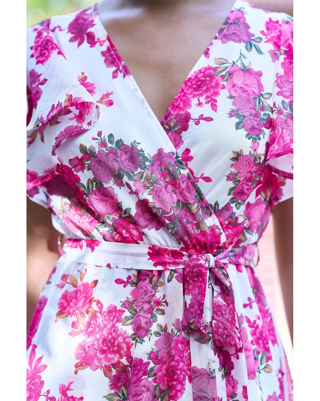 Yumi' Blue Floral Wrap Dress With Dipped Hem